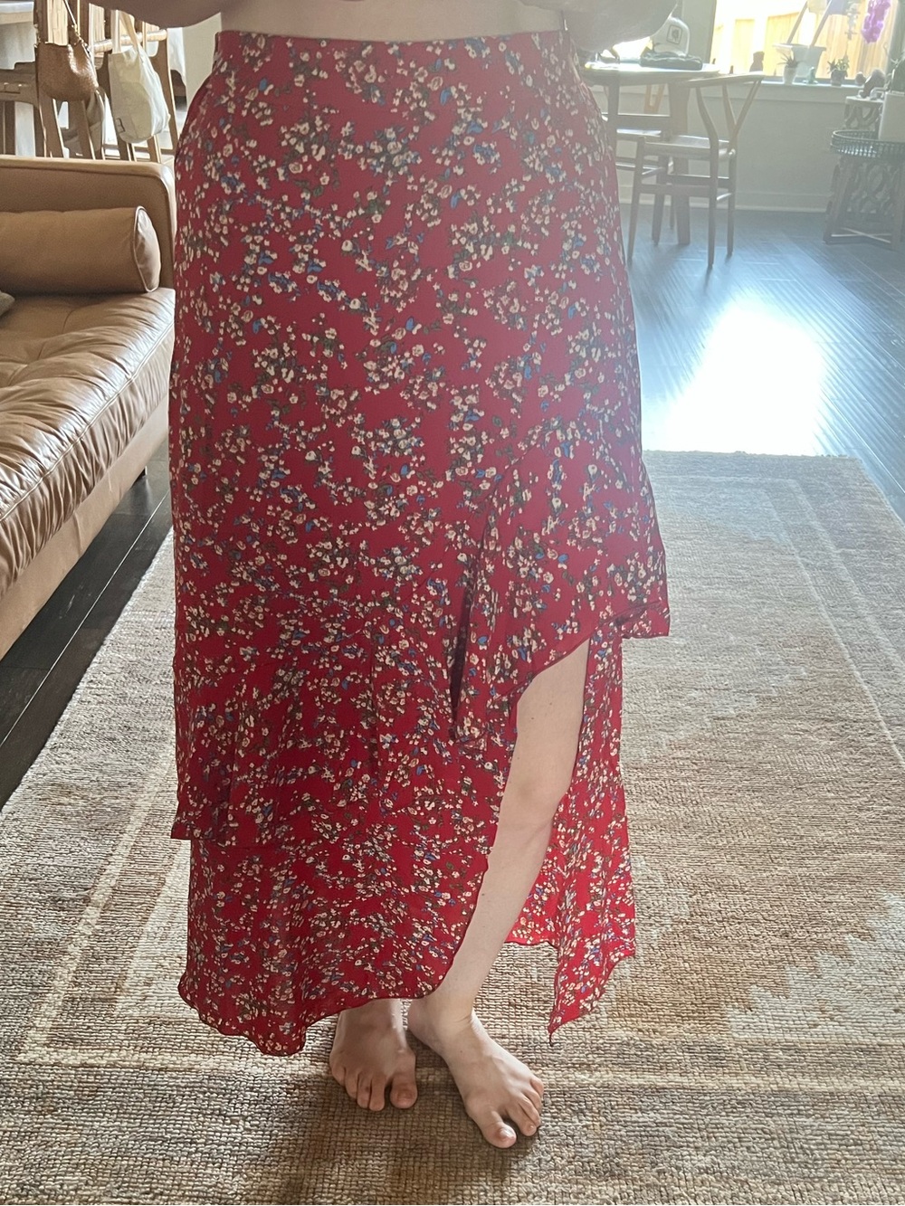Red Floral High-Low Wrap Skirt with Side Slit